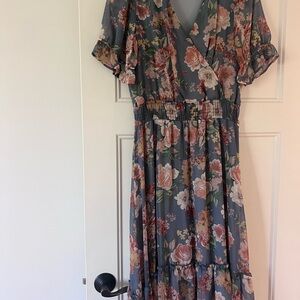 West Kei Blue Floral Midi Dress with Ruffle Sleeves